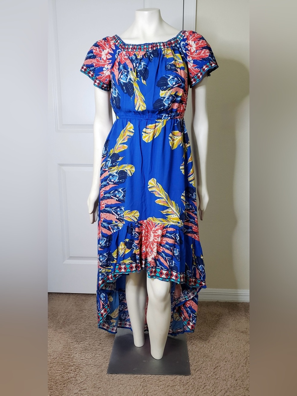 Flying Tomato Tropical High-Low Dress Blue Multi Print Boho Resort Vibes Medium
